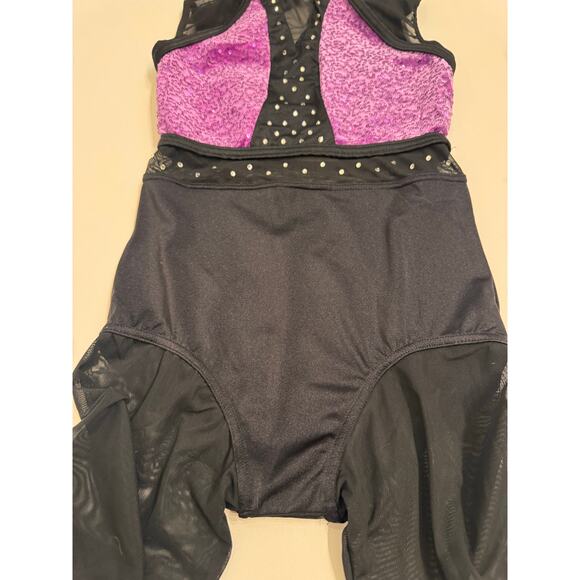 Weissman Purple and Black Mesh Unitard Size MC Medium Child Lined Stones - Picture 2 of 6